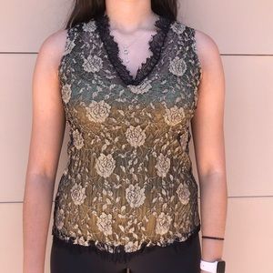 Black & Gold Vintage Floral Lace Top Sz Med